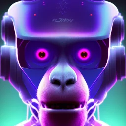 A beautiful portrait of a cyborg monkey purple neon color scheme, high key lighting, volumetric light high details psychedelic background