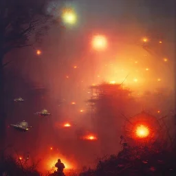 vietnam war. war report. napalm in jungle. bokeh. lens flare. warm lights. high detailed. beksinski