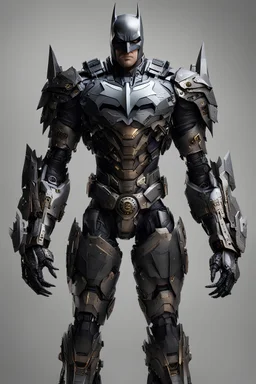 Fullbody photography front view of a Batman mech in transformative style, his metallic skin gleaming with intricate textures and intricate details, captured in an ultra-realistic style that blurs the lines between reality and imagination.