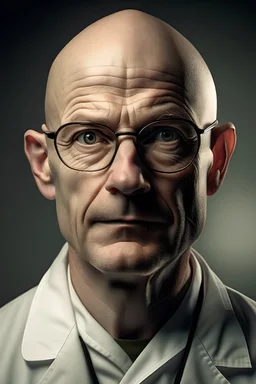 Male, scientist, 40 years old, bald, mechanical eye, dissatisfied look, wrinkles