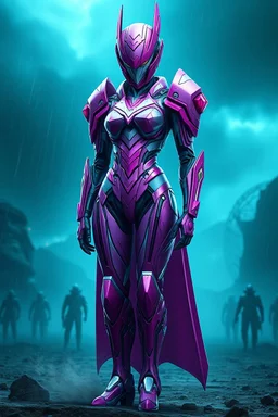 Hyper-realistic full-body 3D surreal digital painting of a female android sentinel, towering elegant posture, magenta armor plates with diamond edges, standing in a teal storm-lit battlefield, cinematic sci-fi realism, ultra detailed, 8k