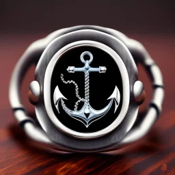 metal jewelry symbol,ring, chain, ship, waves, anchor, ancient, magic,on dark wooden table with drinking glass, hairy hand