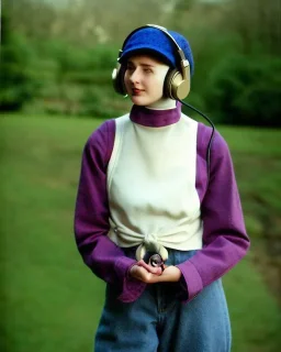 Everything she wear is in the image. of young woman, plum-blue-magenta-camouflage. She wears mantel and simple blouse.Felt cloth visor with tippet. SMALL FELT CAP is merged to Old AKG headphones with recognizable Golden rings! cloth materials are denim and felt cloth mixed. Fashion 1990's. Colors: Cream white, zinc plate, red ochre, ochre, orange - all mixed. Thick tights. Thick calves. She is in figure from top to toe.