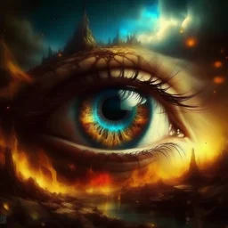 A realistic mother eye filled with painful tears and destroyed country watching the hell on Earth with fires , explosions, disasters misery surreal gothic stylized fractal recrusive scerene painting, splash liquid art