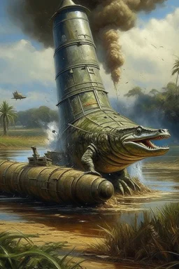 military crocodile that looks like a rocket going in for landing, prize winning oil painting