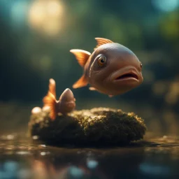 The sprite kissing an ancient fish, Gave it a gentle kiss, The fish sang a lullaby, And her spirit soared the sky..,bokeh like f/0.8, tilt-shift lens 8k, high detail, smooth render, down-light, unreal engine