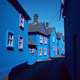 Fotografia di strada assurda e falsa orripilante blu weirdcore dai colori vivaci. Noe. Non luogo falso, inusuale. Max Ernst. Le case sono false e dipinte di nero chiaro con cose stilizzate e dettagli. Ci sono finestrelle false quadrate, che danno un senso distopico e molto surreale, disposte in modo casuale. L'atmosfera generale sembra noiosa e onirica, con un contrasto tra elementi reali ed elementi dipinti falsi, René Magritte, oddest things