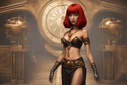 full body shot of a skinny Cleopatra, with a bob red hairstyle, standing in a steampunk setting.