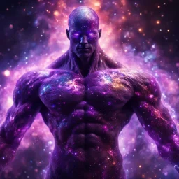 a colossal muscular godlike faceless humanoid figure with transparent body made of swirling galaxies and nebulae, piercing glowing purple eyes, sharp focus, high contrast, dark tone, bright vibrant colors, cinematic masterpiece, shallow depth of field, bokeh, sparks, glitter, 16k resolution, photorealistic, intricate details, dramatic natural lighting