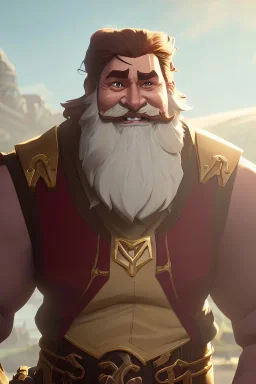 Fantasy Bearded strong man wearing a thick fur-lined merchant's coat, wearing gold rings, divine, halo, happy smiling, portrait, high definition, realistic, long hair, dynamic lighting, volumetric lighting, mustache