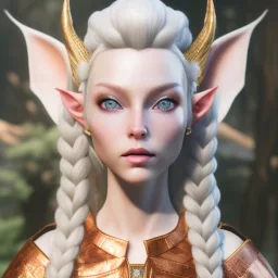 Portrait of a female wood elf diplomat. She has long, curled, white hair shaved on the right side and blue eyes. She has rough copper skin with yakuza tatu, atmospheric, realistic, unreal engine cosmic galactic, cinematic lighting, octane render, random colors, transparent, cosmic ambiance, masterpiece, art by Yoji Shinkawa, composing fit inside, masterpiece