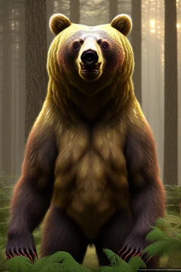 upclose realistic,12k ultra-high-definition rendering of a scary bear, he is partially a robot, red scratch marks on him, showing thangs,exudes a sinister aura under the Forrest's dark and mysterious lighting