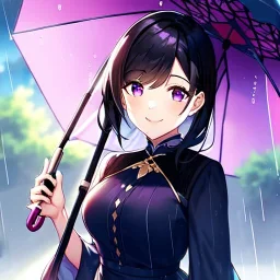 8k, Girl, high quality, detailed, black hair, purple eyes, beautiful lighting, smiling, raining, umbrella,