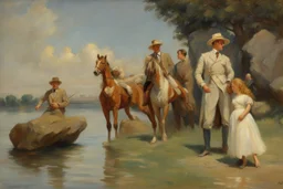 day, rocks, lagoon, sci-fi movies influence, cosmic and trascendent influence, bernard van beek and alfred munnings impressionism paintings