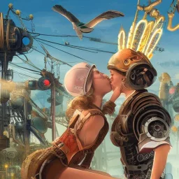 great illustrator, spanish, pencil sketch of a cute spanish girl kissing a cybergirl. steampunk style. Helmet with tubes. Girl with wings. Machinery in the background. Robotic bird flying. High details. 4k. unreal engine, sunset