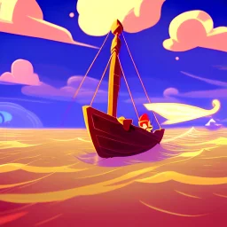 Small wooden ship, Legend Of Zelda: Wind Waker style, on a vast ocean, stylized, colorful, adventurous, no ships nor islands.