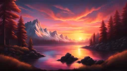 precise fine detailed Bob Ross style OF a sunset. AMAZE ME. Cinematic rgb lighting,