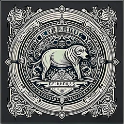 perro cerbero estilizado antiguo con un marco elegante con runas y el nombre "cerberus custos infernis" en la base, todo en escala de grises, nada de color,