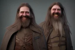 Laughing braided long haired bearded tall man wearing rugged long merchant's coat, medieval fantasy, dark background and lighting