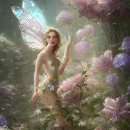 one big crystal subtle flower in a galactic ambiance with a beautiful fairy, transparent petals, delicate colors, in the foreground, full of details, smooth，soft light atmosphere, concept art, smooth, extremely sharp detail,