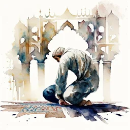 A man is performing sujood, background of islamic pattern, watercolour painting