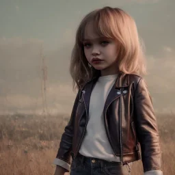 Lily rose depp toddler, full body, floral leather jacket, dynamic pose, tokio background, dramatic lighting, hyper realistic, unreal engine, 8k, upscale