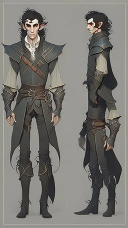 turnaround character of a man elf, he has curly, black hair and sharp cheekbones. His eyes are black. pale skin. He wears fantasy medieval clothes. full body with boots