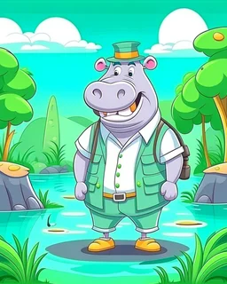 hippo as tourist guide wearing tourist guide uniform, cartoon style, safari landscapebackground, colorful, high quality, high details, realistic