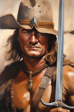 full color facial Portrait of action hero John Wayne the Barbarian - oil painting by Scott Kendall