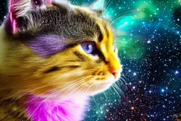 A hyper-realistic ,A purple cat walking in space, the space is colorful, a fairy tale look, the cat is smiling, Photo Real, HOF, full size, practicality,manufacturability,performance, (((realism, realistic, realphoto, photography, portrait, realistic, elegant, charming, apocalyptic environment, professional photographer, captured with professional DSLR camera, trending on Artstation, 64k, ultra de