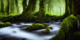 a forest made out of chain-mail, god rays, tree's, detailed bark, detailed, highly detailed, 4k, ultra HD, nature, realistic, plants, detailed moss, river, flowing water, water crashing against rocks