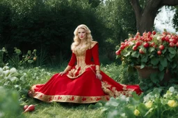 Cy est Pourtraicte, blonde Madame Ste Ursule, et les Unze Mille Vierges (photo from a movie by Quentin Tarantino) She dressed in red and gold brocade And in the grass an offering made of radishes and flowers. Ursula, in a garden, found A bed of radishes. She kneeled upon the ground And gathered them, With flowers around, Blue, gold, pink, and green.