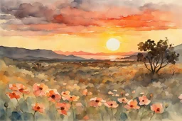 Amazing Sunset, flowers, countryside, rocky land, mountains, epic, sci-fi, fantasy, winslow homer watercolor paintings