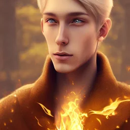 Male, Human, Blond, Sorcerer, Fire Mage, Golden Eyes, Young, Photorealism, Full Body Shot, Forest Background