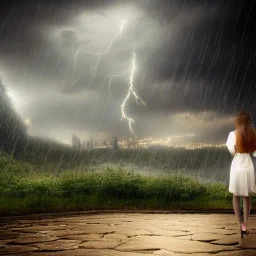 A princess standing. Epic scale. Heavy cold rain. Thunderstorm. An engineer looking up. Futuristic scenary. Gray mist.