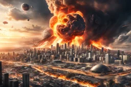 create a wildly imaginative otherworldly, chaotic total destruction of a futuristic Los Angeles amidst a swirling firestorm from a super massive asteroid impact, highly detailed, digital composite, 8k,