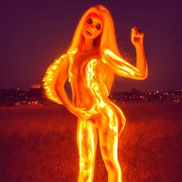 woman made of fire, fire angel, fire clothes, full body portrait, long flowing yellow hair, highly detailed, real life photo, photo quality, extremely detailed, highly detailed, 8K, crisp quality, looking at me