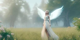 subtle queen, atmospheric, realistic, unreal engine, cinematic lighting, octane render, transparent long dress, blonde, full body, bright wings, smile, long hair