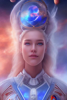 young woman cosmic admiral from the future, one fine whole face, large cosmic forehead, crystalline skin , expressive blue eyes, blue hair, smiling lips, very nice smile, long hair combinaison spatiale blanche pleiadian , belles couleurs arc en ciel,lumiere