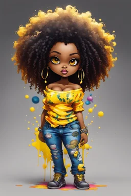 create a colorful abstract graffiti art image 8k of a chibi curvy black female wearing torn jeans pants and a yellow tie dye off the shoulder blouse. Prominent make up with hazel eyes. Highly detailed long tight curly afro in a hair wrap.