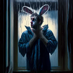 matte oil painting of a disheveled soaking wet man in ill-fitting wet floppy eared full easter bunny onesie costume looking in window at night making the heart hands gesture, Dramatic, heavy rain, complex contrast, dynamic composition, humorous and sinister