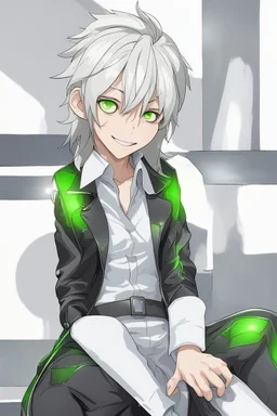 plauge doctor in balck leather clothes with silver hair, pale skin and bright green eyes smiling with sharp teeth, nice young face