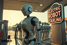 A cinematic wide-angle oil painting of a humanoid robot plugging a thick electric charging cable into its torso port at a futuristic charging station within a retro-style gas station. A long line of identical humanoid robots stands patiently behind, waiting for their turn to recharge. A large vintage-style sign to the side reads 'Electric Robot Charging Station.' The scene is bathed in golden-hour lighting, with rich, noisy colors, expressive thick brushstrokes, intricate steampunk elements, glo