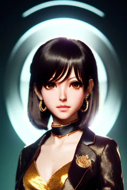 Young manga business woman, dark orange eyes, dark brown hair, elegant hair, thin lips, gold hoop earrings, waist up portrait, 8k resolution, intricate details, ornate details, soft lighting, vibrant colors, retroanime, masterpiece, realistic, intricate eyeliner, dark eyeshadow, eyes,futuristic cityscape background