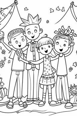 HAPPY NEW YEAR coloring page for kids, HAPPY NEW YEAR CELEBRATION FAMILY thick outline, low details, no shading, no color