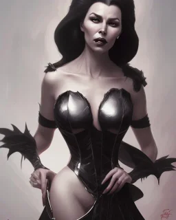 old evil queen in black leather gown, femme fatale, volouptous, busty, cleavage, angry, emperious, 8k resolution concept art portrait by Greg Rutkowski,