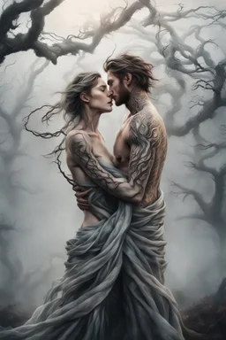 Multiple entanglements between a twisted thin piece of cloth as part of many twisted and spiraling branches disappearing into the distant mist, epic photo, 2 beautiful lovers are embracing, stunning tattoos that intwine with eachothers tattoos,sharp on highly detailed skin with wrinkles and high contrast, photorealistic, explosion of extacy,4K, 3D, realism, hyperrealism, detail, good lighting, detailed texture, modern photography style, 3D, 4D, 4K