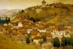 A brown Chinese village near badlands painted by Gustav Klimt