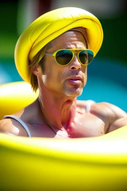 brad pitt sitting in donut swim ring with goggles and a bathing hat on