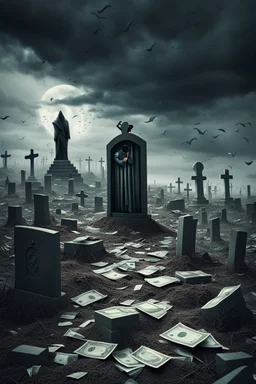 An image of a desolate graveyard under a brooding sky, a lone grave digger with a shovel, surrounded by abstract, futuristic elements. The open grave is filled with crisp, high-resolution stacks of money, conveying a sense of isolation and melancholy.